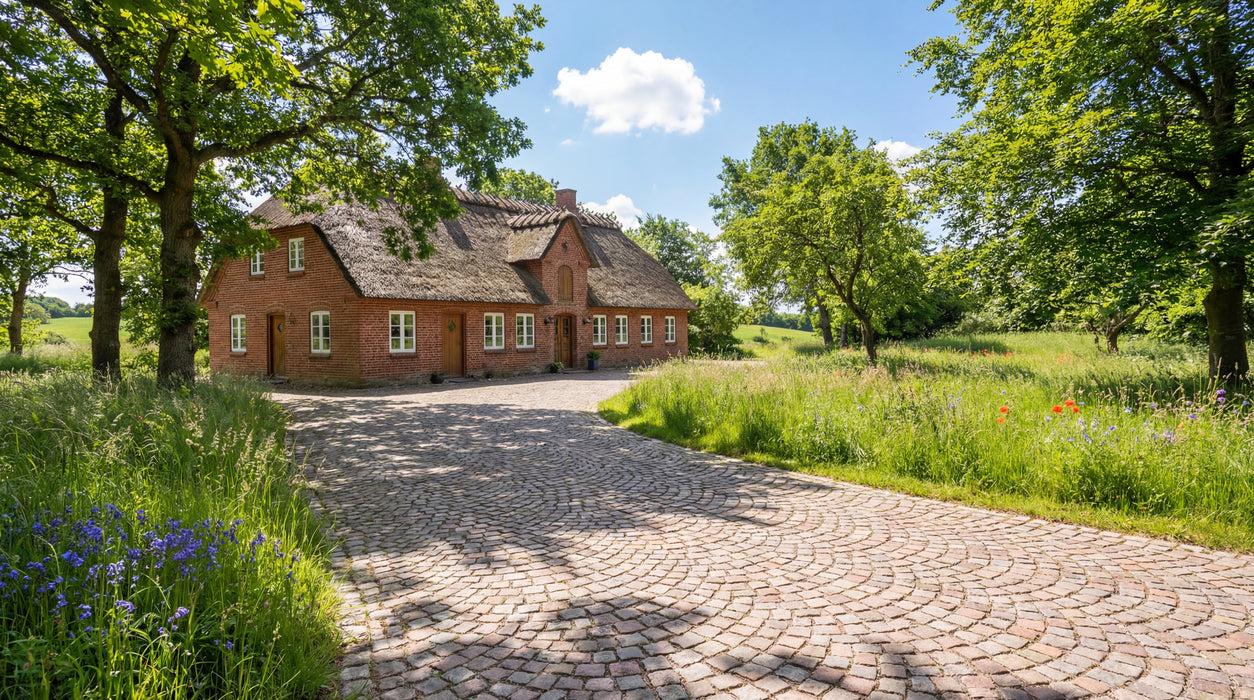 chaussesten nordisk mix som indkørsel til stråtækt hus på landet.