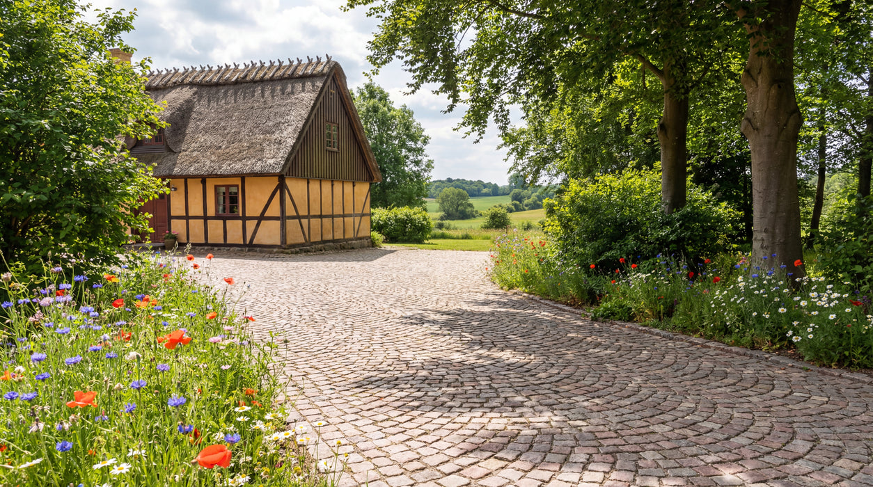 chaussesten nordisk mix belægning på gårdsplads ved bindingsværkshus.