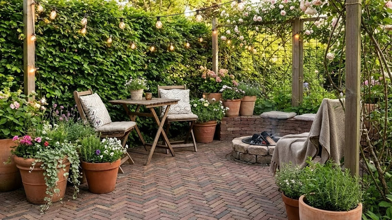 terrasse med vintage gent teglklinker lagt i sildebensmønster.