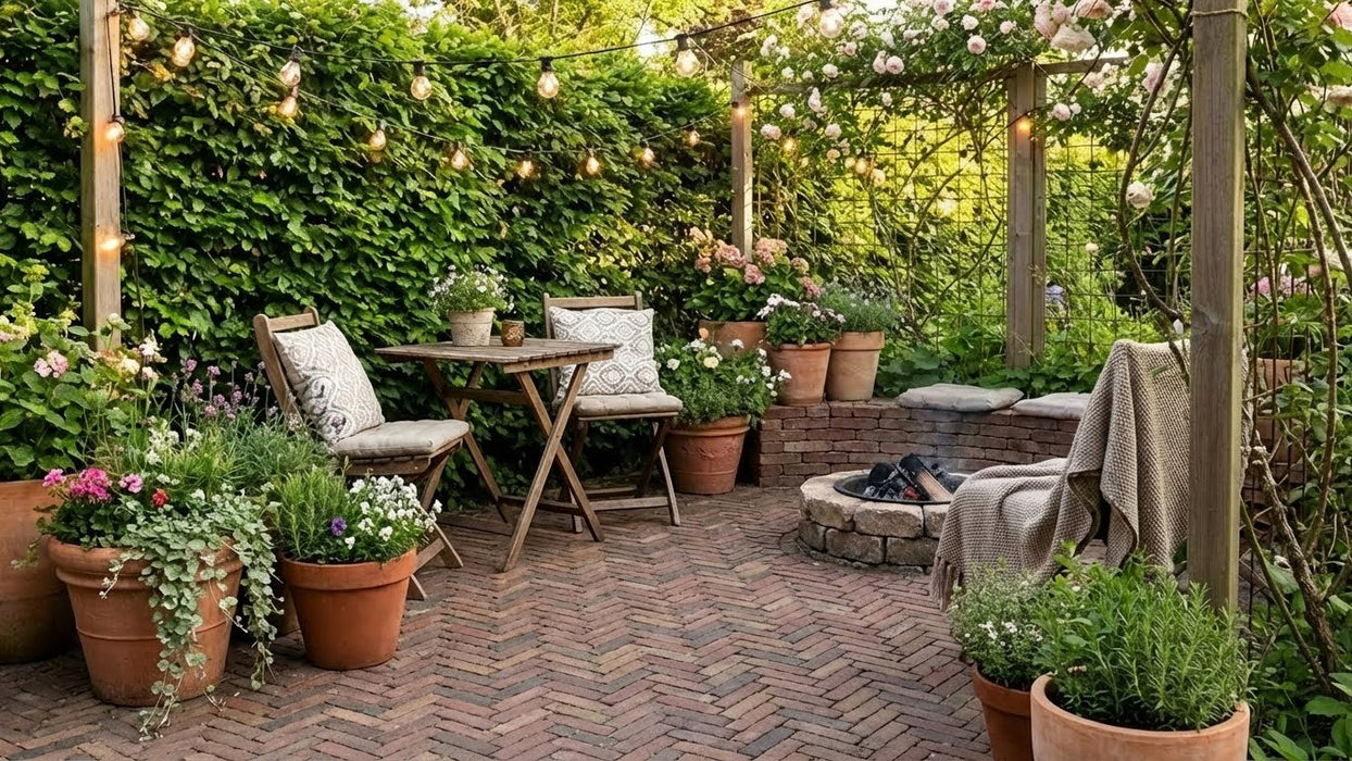 terrasse med vintage gent teglklinker lagt i sildebensmønster.