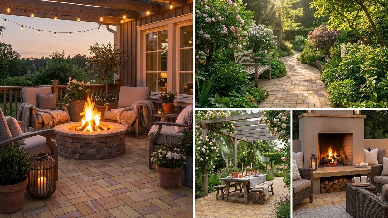 terrasse med odense teglklinker (200x100x40 mm) lagt i sildebensmønster ved bålsted.