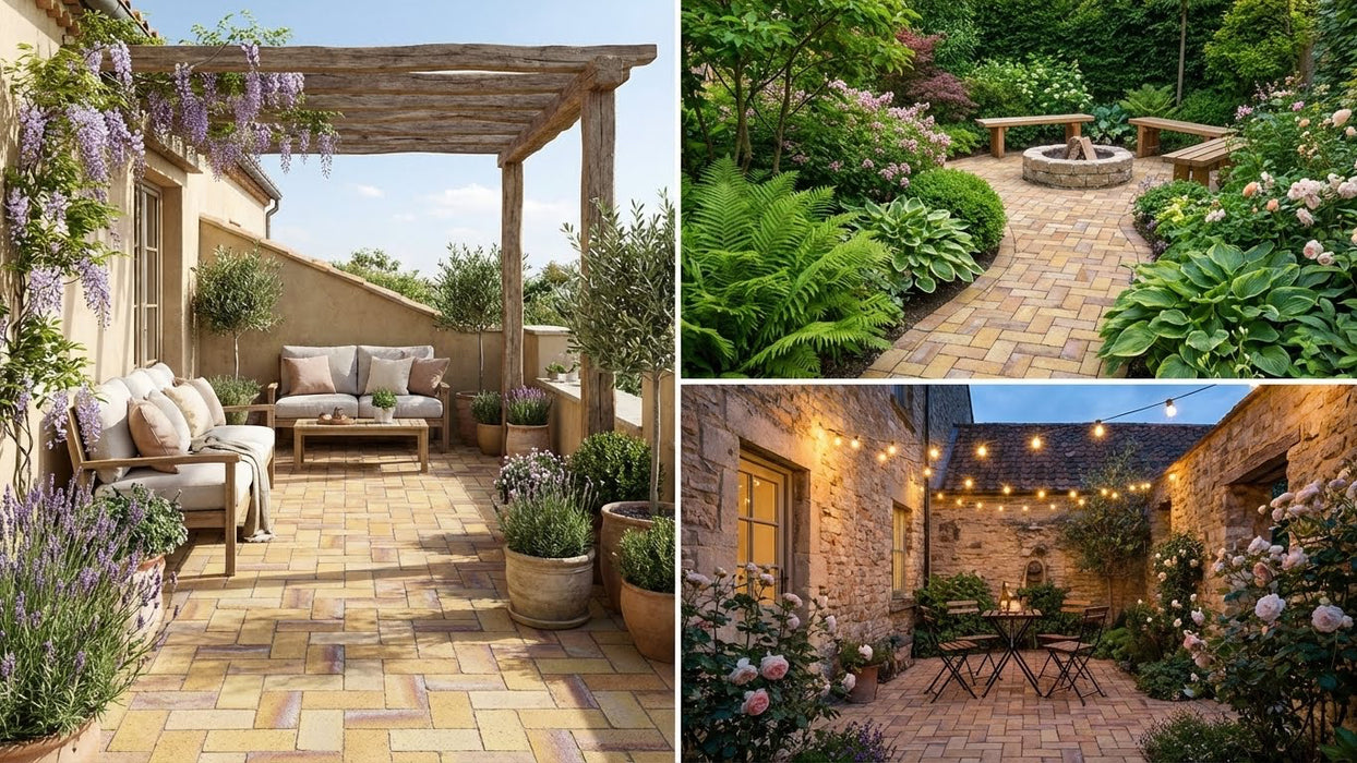 terrasse belagt med gule teglklinker, odense (200x100x40 mm) med møbler og planter.