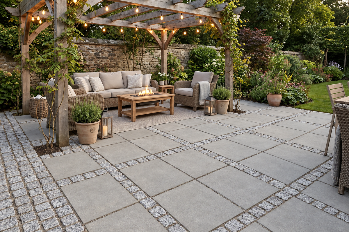Terrasse med lysegrå portugisiske chaussesten som kantbånd