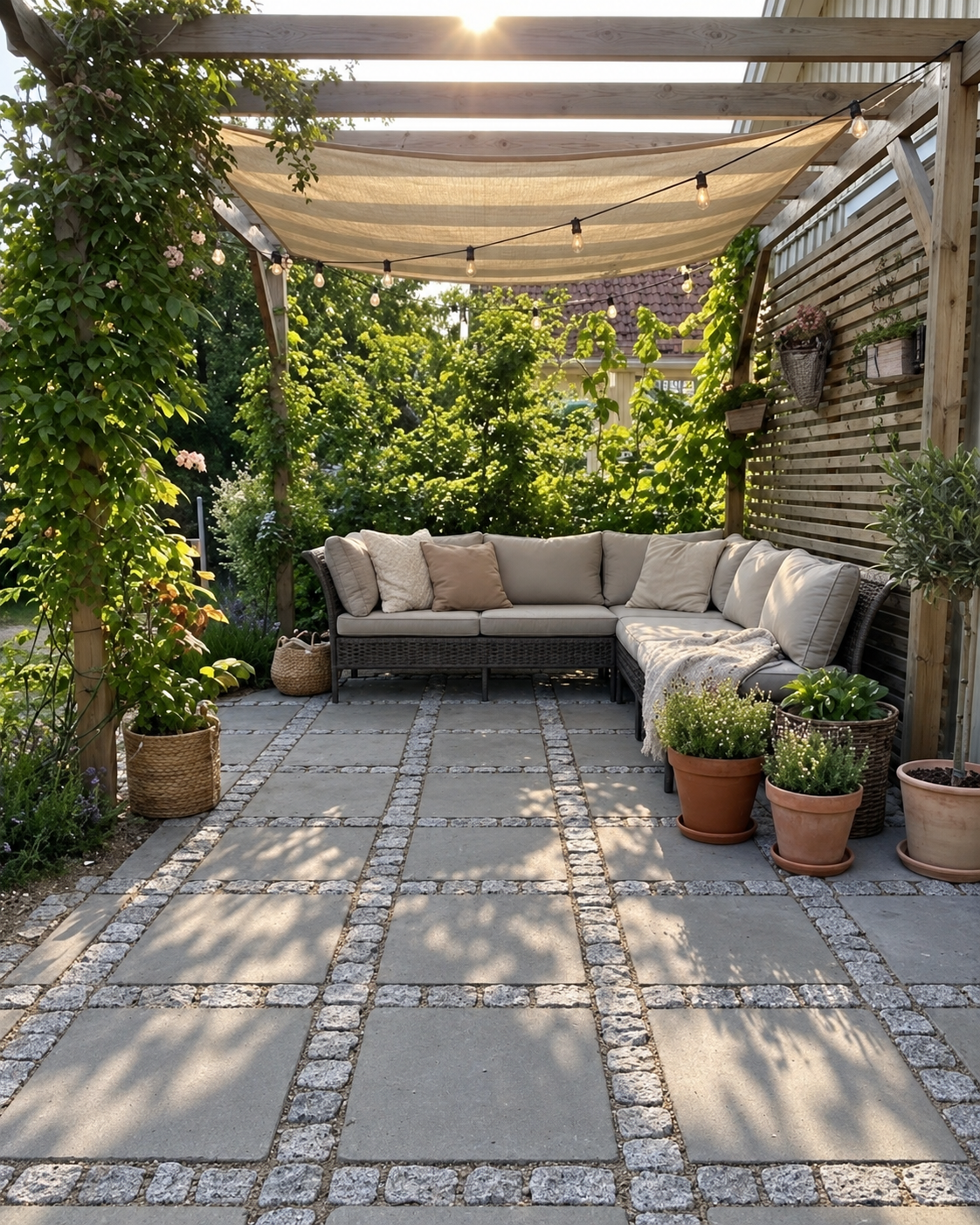 Lysegrå kløvede chaussesten mellem terrassefliser ved pergola