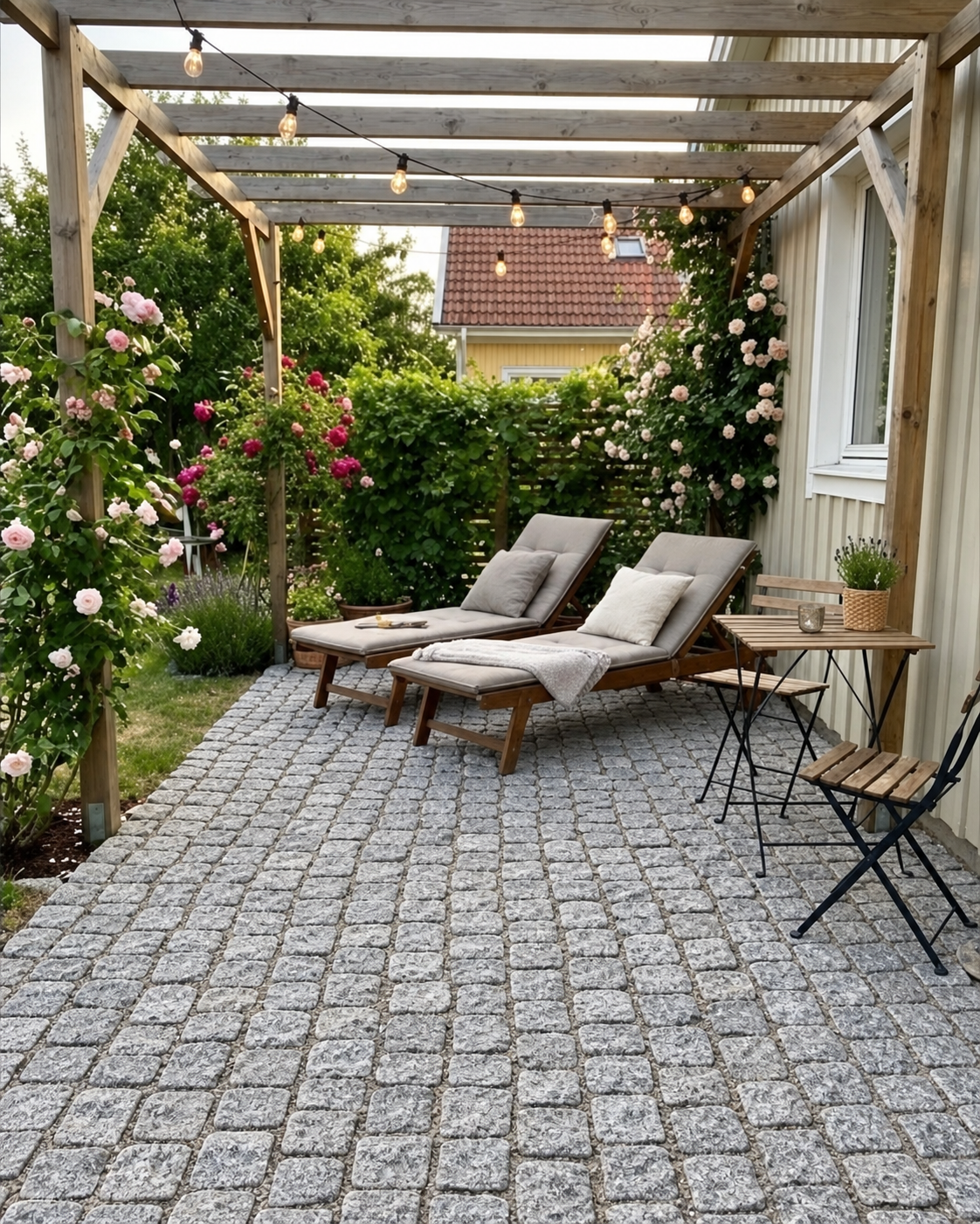 Terrasse af lysegrå portugisiske chaussesten ved sommerhus
