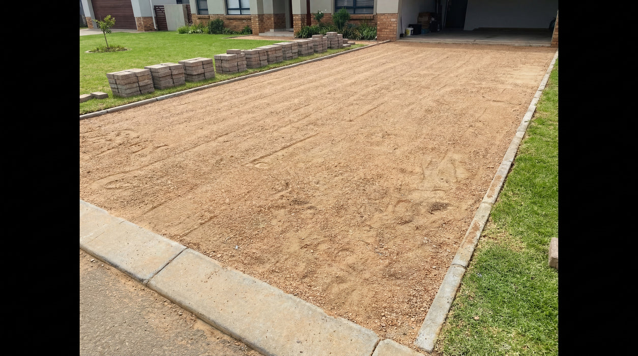 udjævnet, orange brolæggergrus (0-8 mm) klar til belægning af indkørsel.