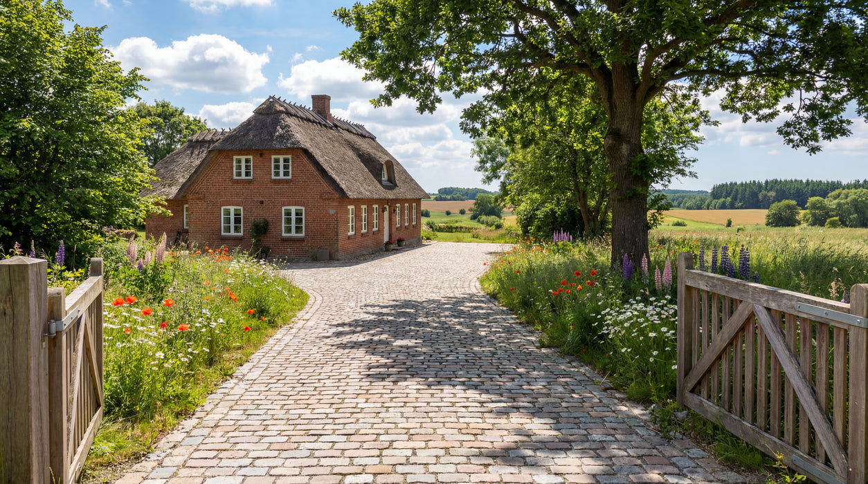 indkørsel belagt med nordisk mix brosten i grå og rosa nuancer.