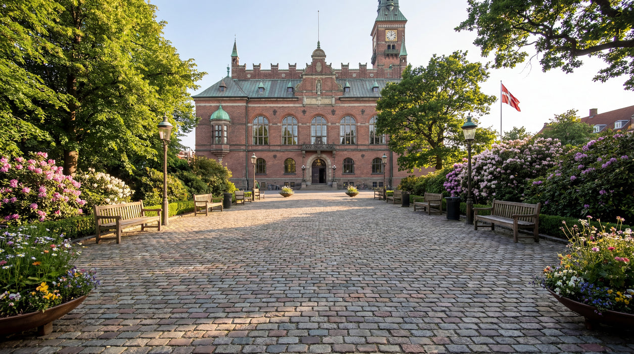 brugte brosten (klasse a) i anlægning foran bygning med blomster og bænke.