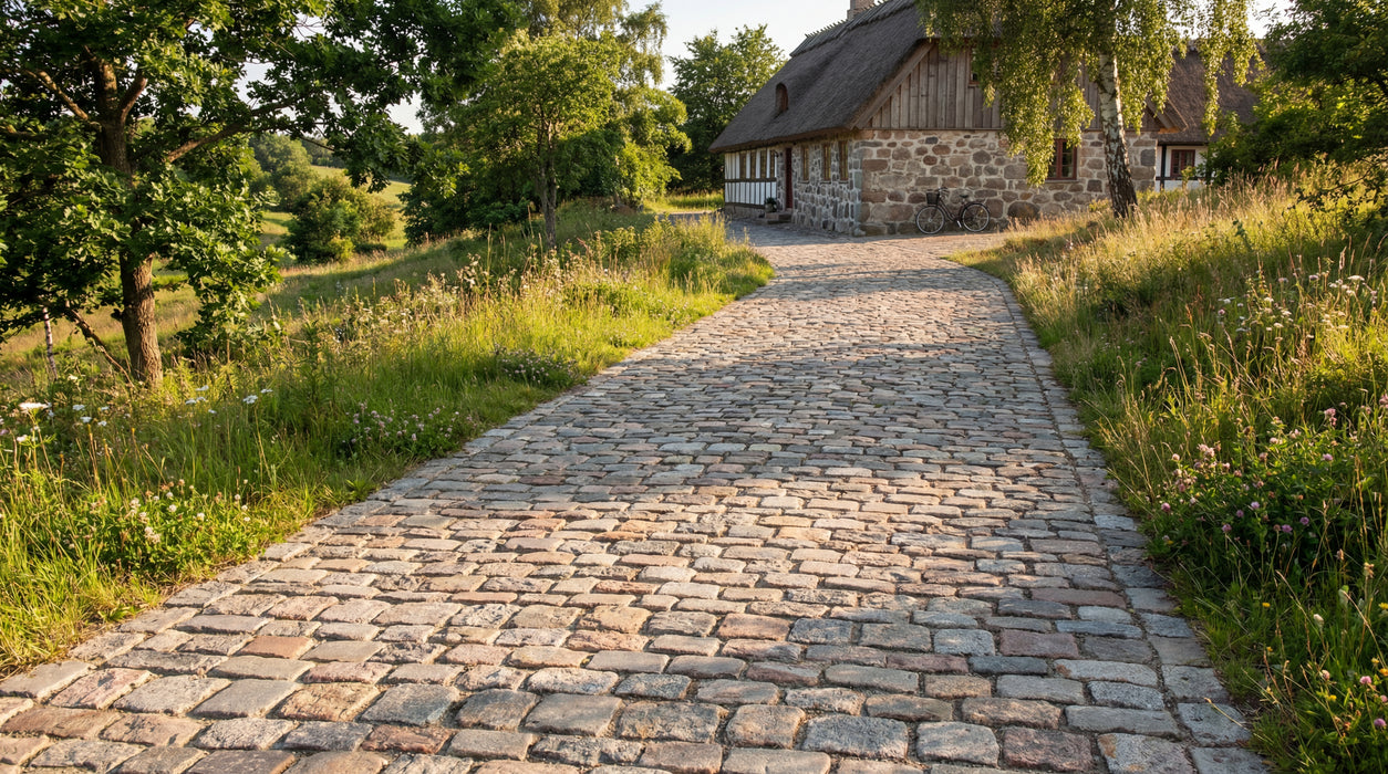 sti belagt med brugte københavnermix brosten fører op til stråtækt hus