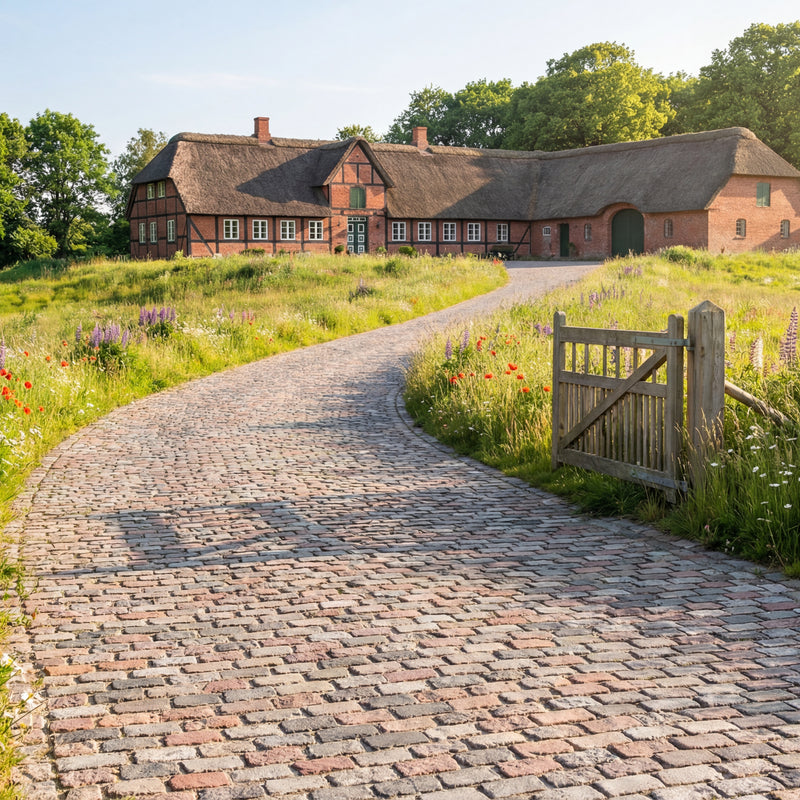 nordisk mix brostensbelægning fører op til stråtækt hus.