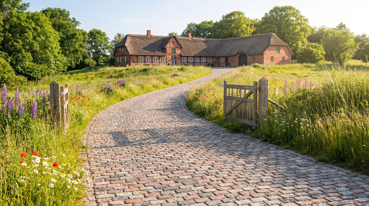 nordisk mix brostensbelægning fører op til stråtækt hus.