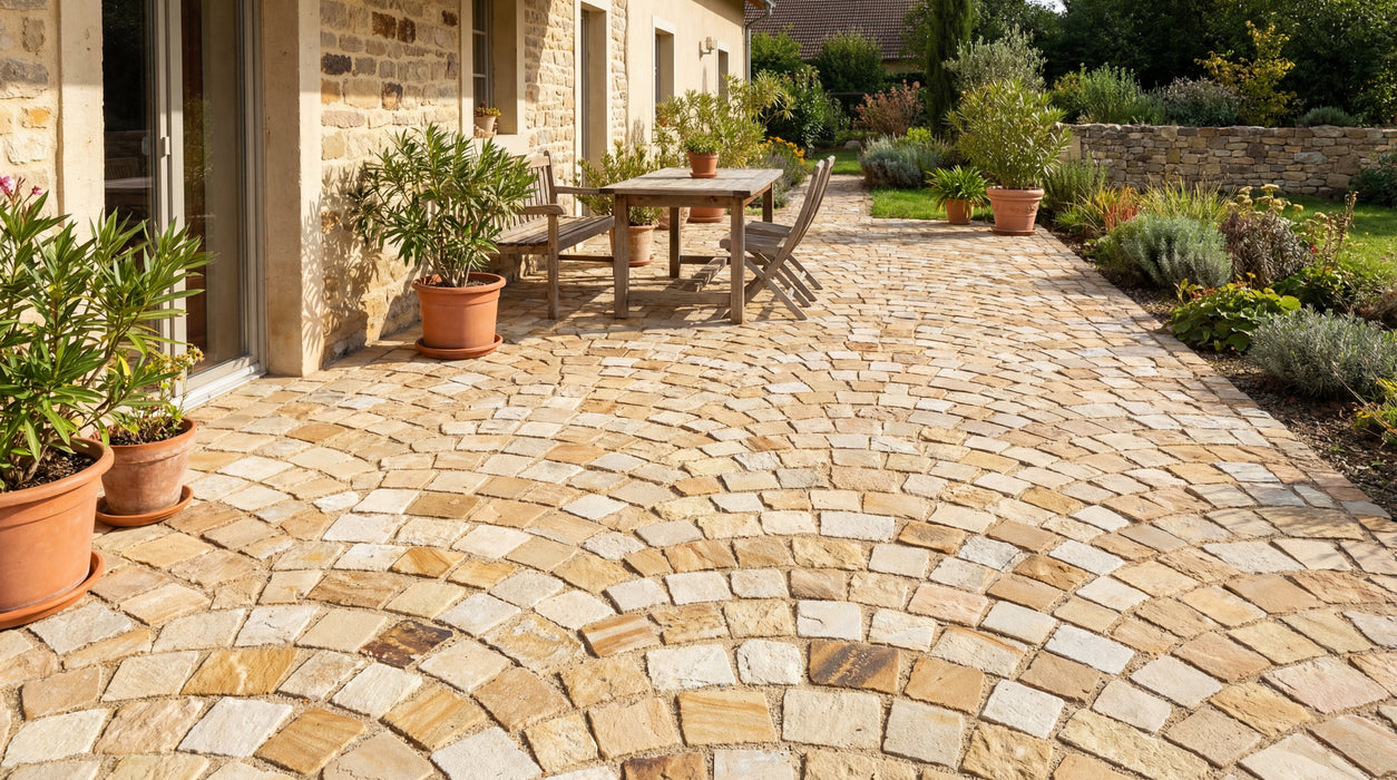 sandfarvede chaussesten i sandsten, sahara, lagt i vifteform på terrasse.