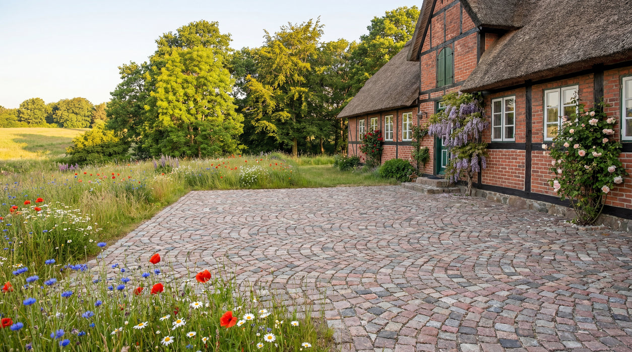 chaussesten nordisk mix som belægning ved bindingsværkshus med stråtag.