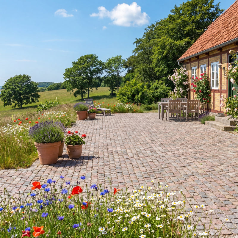 chaussesten svensk halmstad som terrasse ved bindingsværkshus med blomster