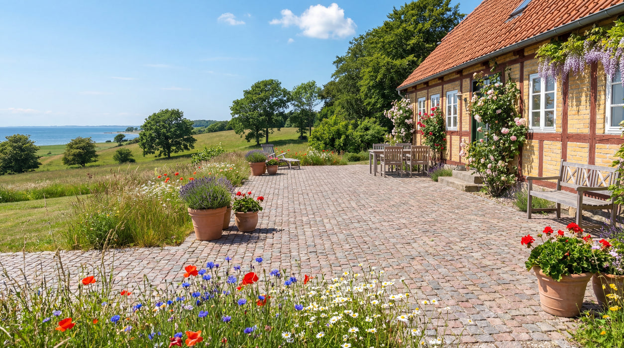 chaussesten svensk halmstad som terrasse ved bindingsværkshus med blomster