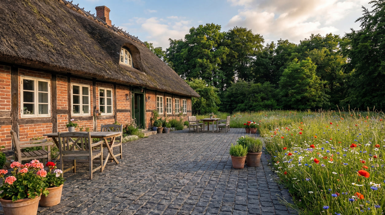 terrasse med sorte halve chaussesten ved bindingsværkshus og blomstereng.