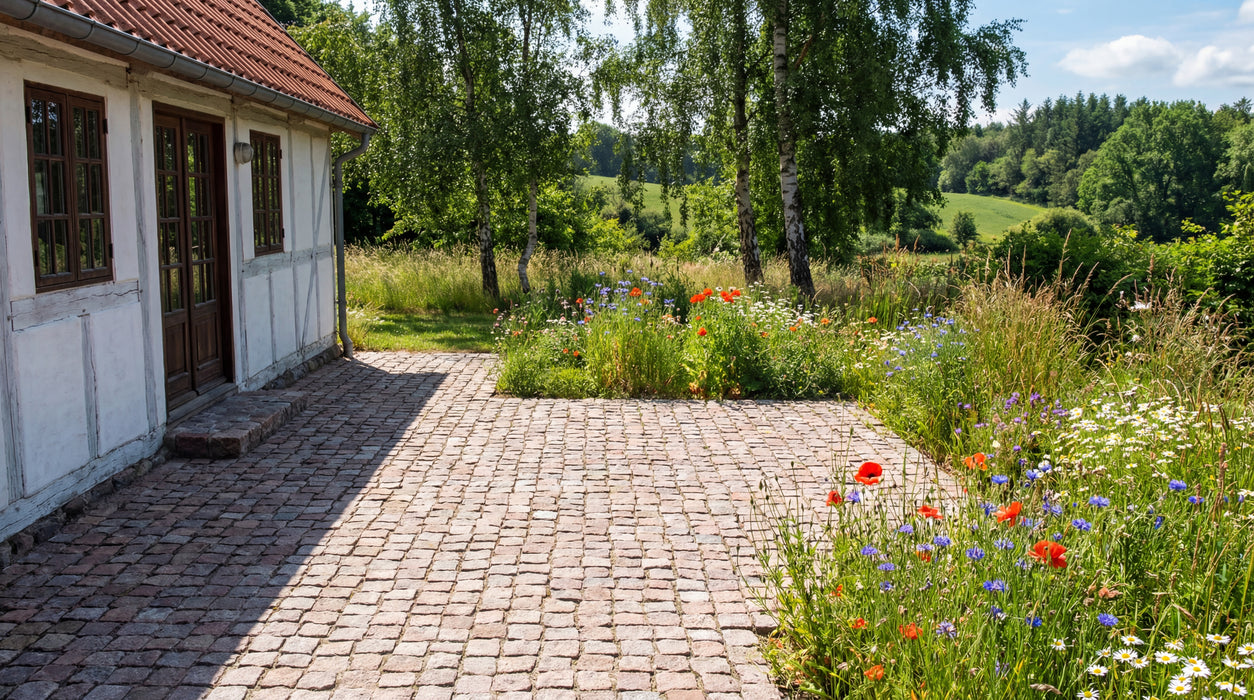 rød bohus chaussesten belægning ved bindingsværkshus og blomsterbed