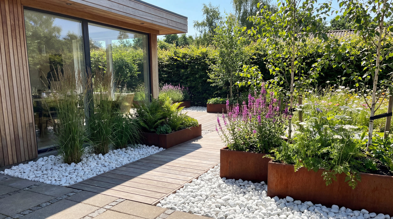 hvide marmorsten langs træterrasse og plantekasser i sollys.