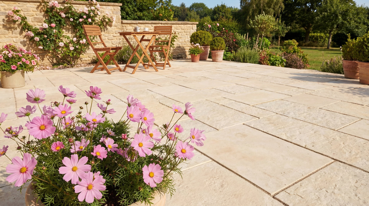 ibf struktur lys sand belægning på terrasse med havemøbler og blomsterkrukker.