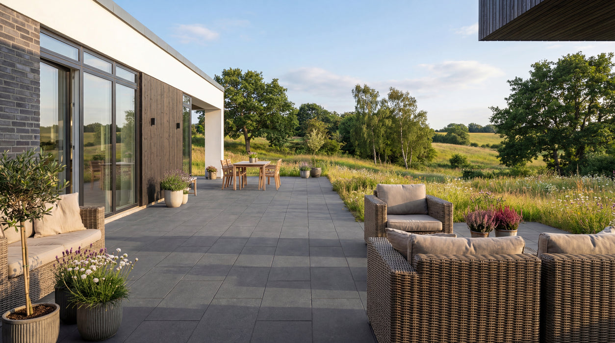 terrasse med skumringssort keramisk flisebelægning og havemøbler.