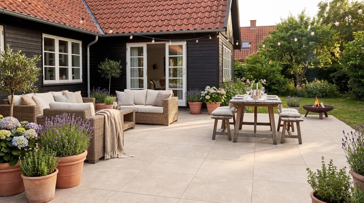 beige keramiske udendørsfliser med