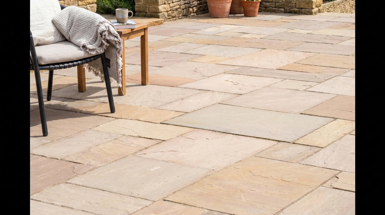 belægning med naturel sandsten i romersk mønster på terrasse.
