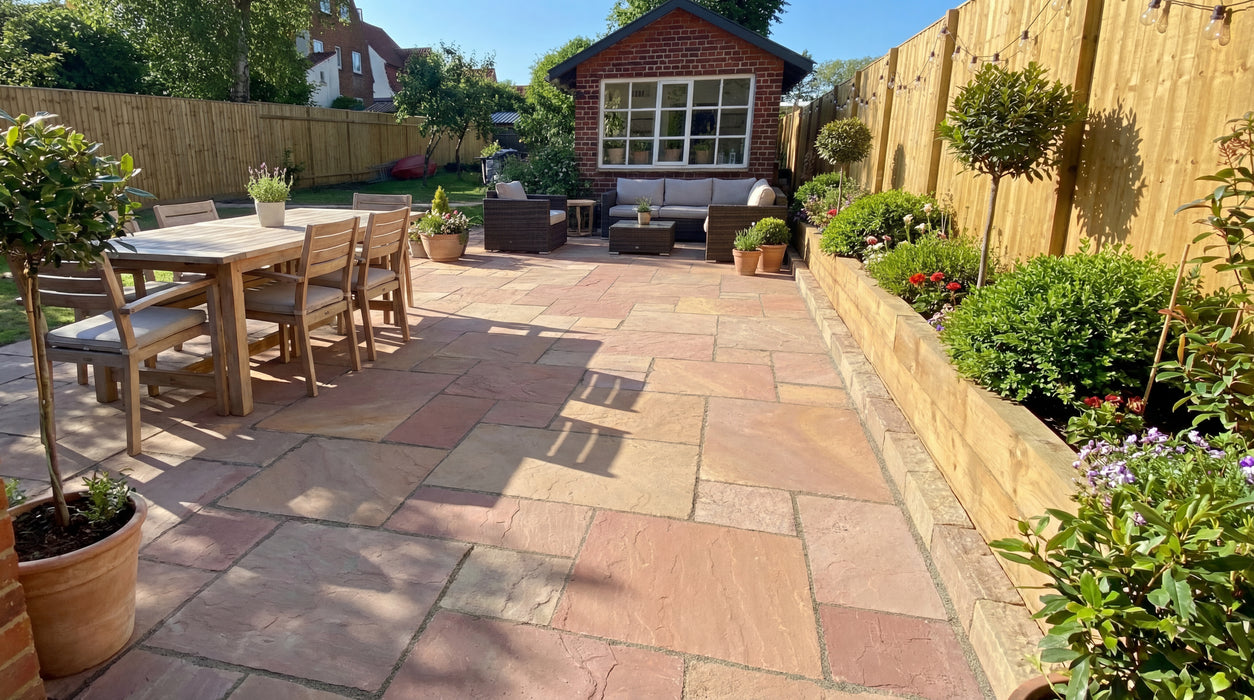 rød sandsten i romersk mønster som terrassebelægning i sollys