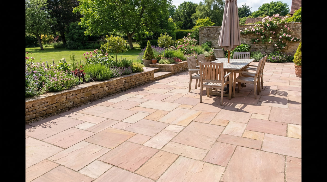 rød sandsten i romersk mønster som terrassebelægning i havemiljø.