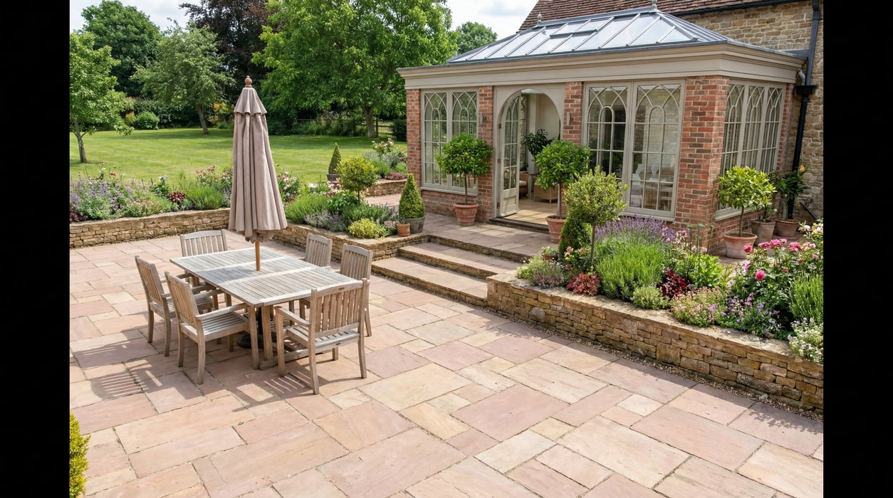 rød sandsten i romersk mønster som terrasse ved orangeri og have