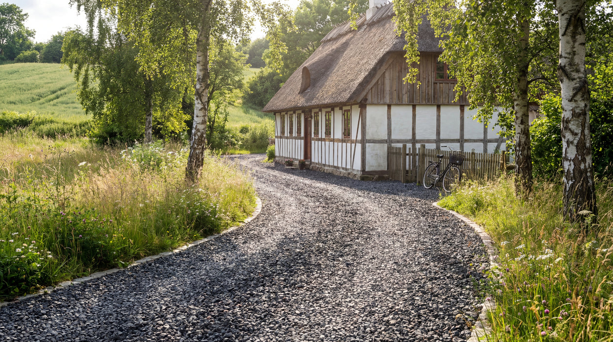 indkørsel med sort hyperit skærver (11-16 mm) foran stråtækt hus.