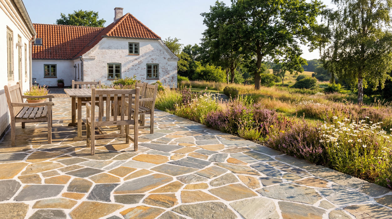 terrasse med grå/brune skifer brudfliser og havemøbler ved hvidt hus.