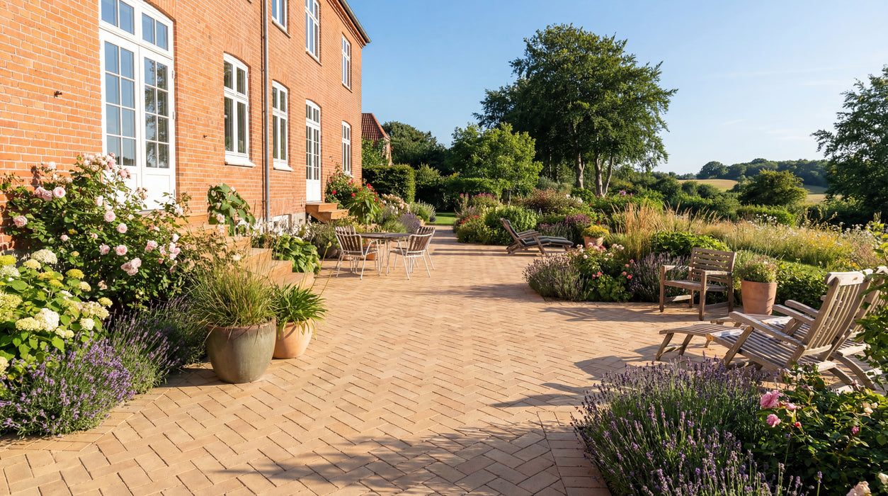 terrasse med anholt teglklinker lagt i sildebensmønster ved idyllisk have