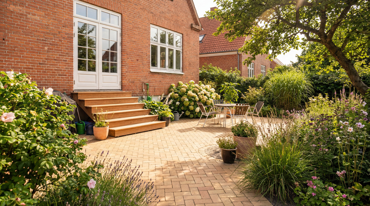 anholt teglklinker som terrassebelægning i solrig have med blomster og møbler.