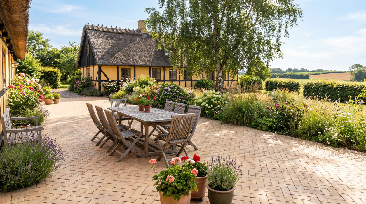 terrasse belagt med anholt teglklinker i sildebensmønster.