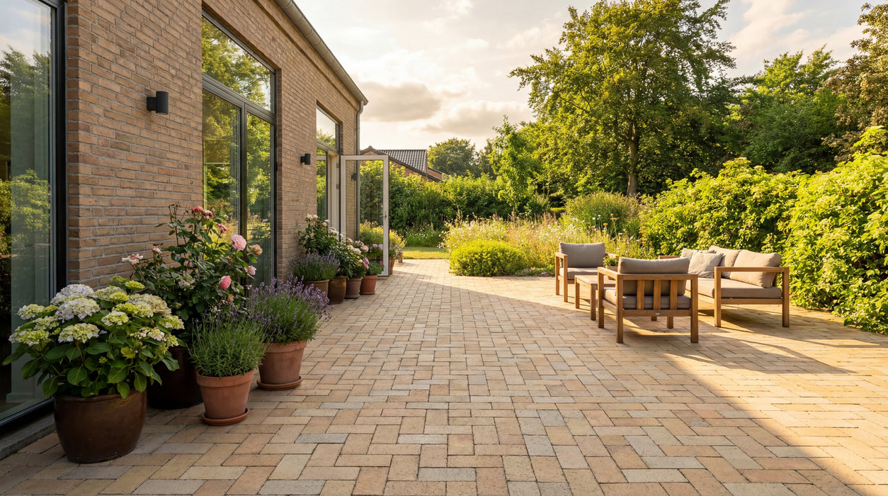 lyse teglklinker elba (200/100/40 mm) som terrassebelægning ved murstenshus.