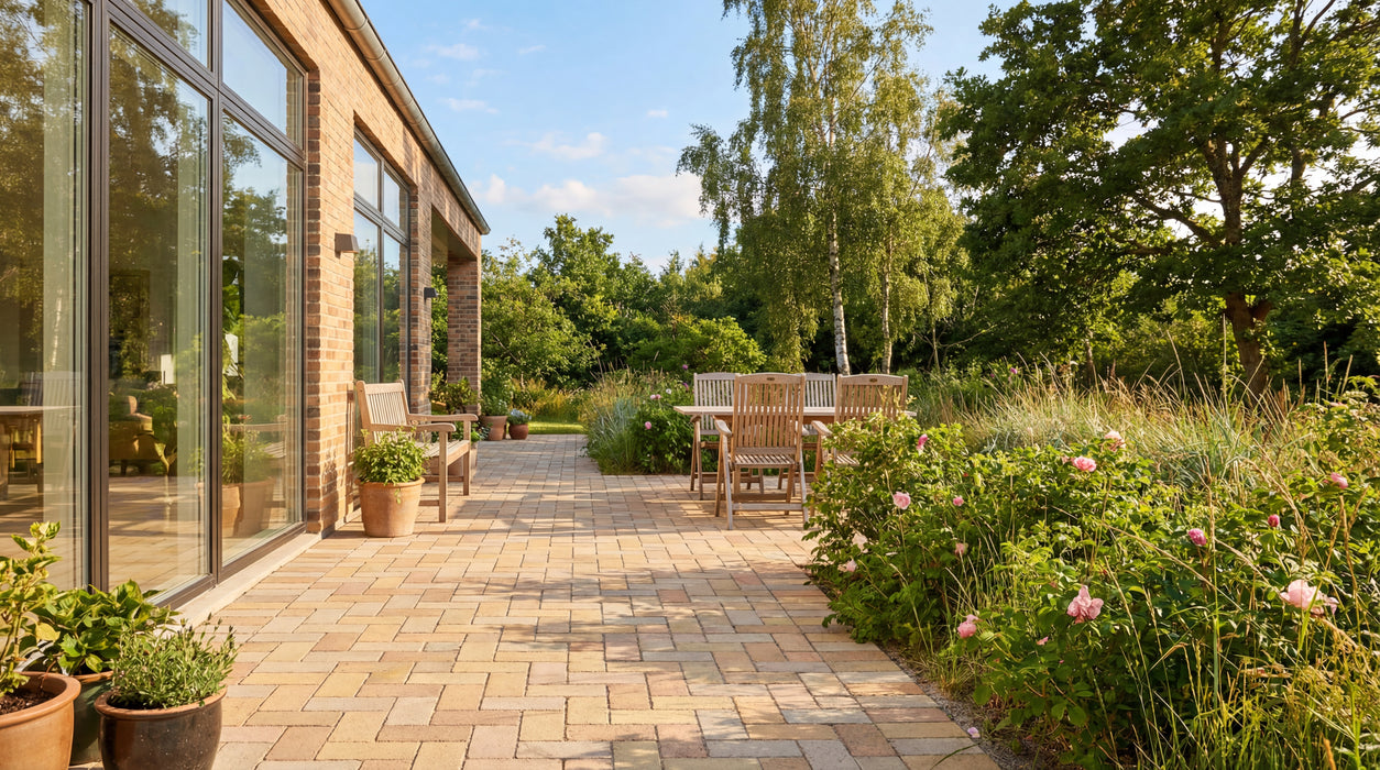 lyse teglklinker elba på terrasse ved hus og have