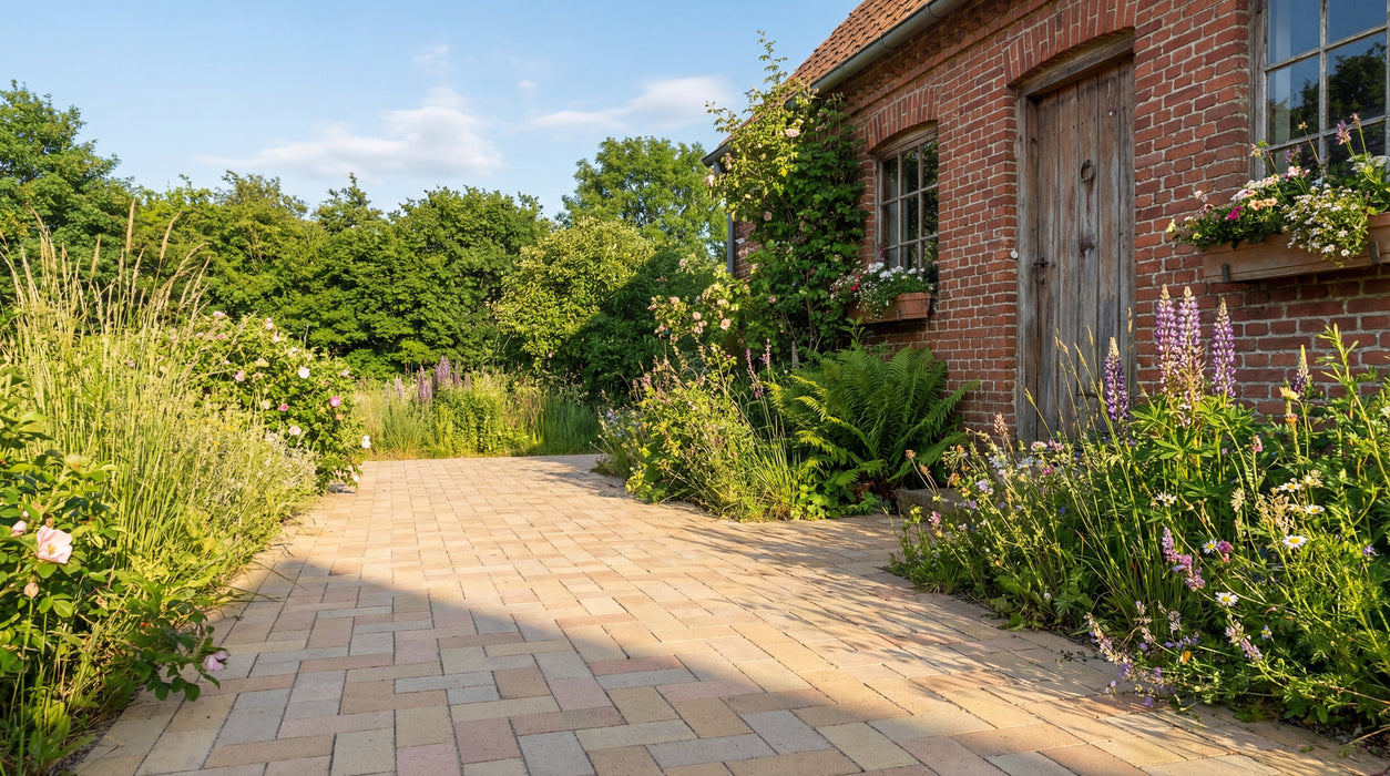 lyse teglklinker elba (200/100/40 mm) som havesti ved rødstenshus og blomsterbede.