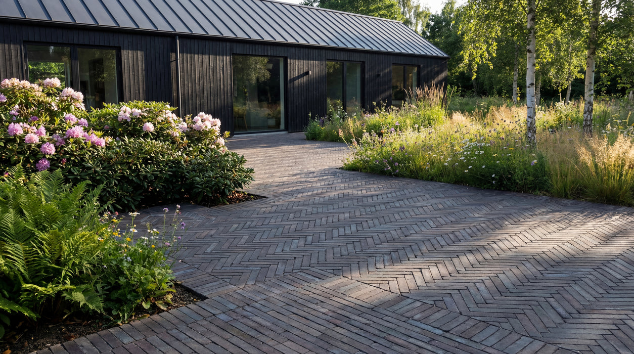 manchester teglklinker lagt i sildebensmønster foran moderne hus og have