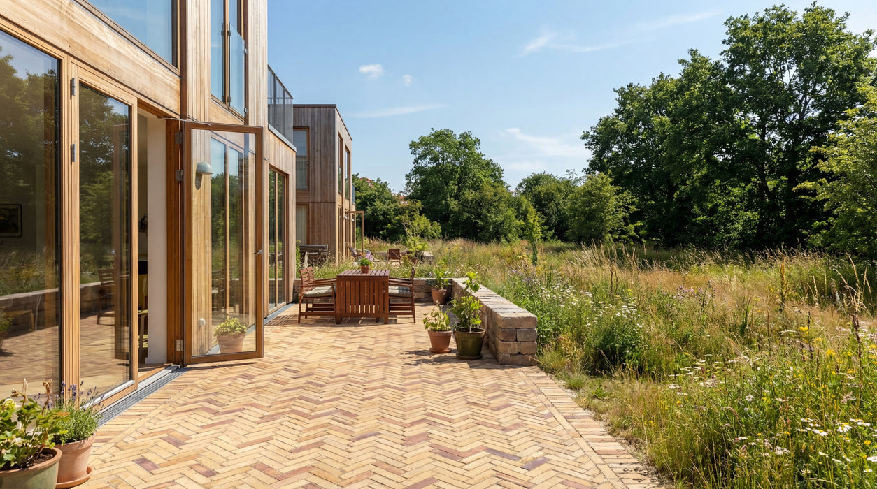 lyse teglklinker, odense, lagt i sildebensmønster på terrasse ved træhus.