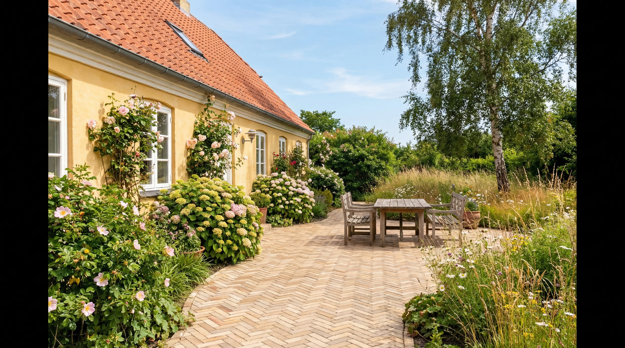 lyse teglklinker, søndervig mix, lagt i sildebensmønster på terrasse ved gult hus.