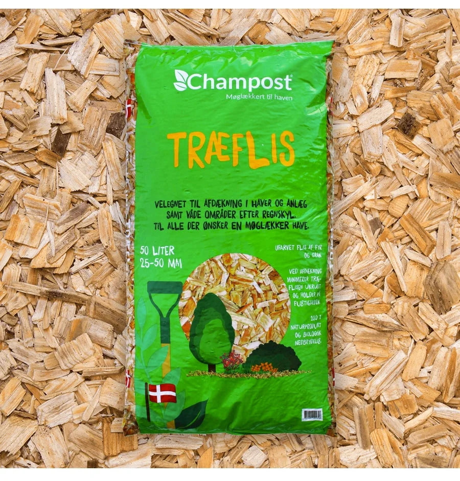 Champost træflis 50 liter - Dekorativt bunddække til haven – Drømmehave